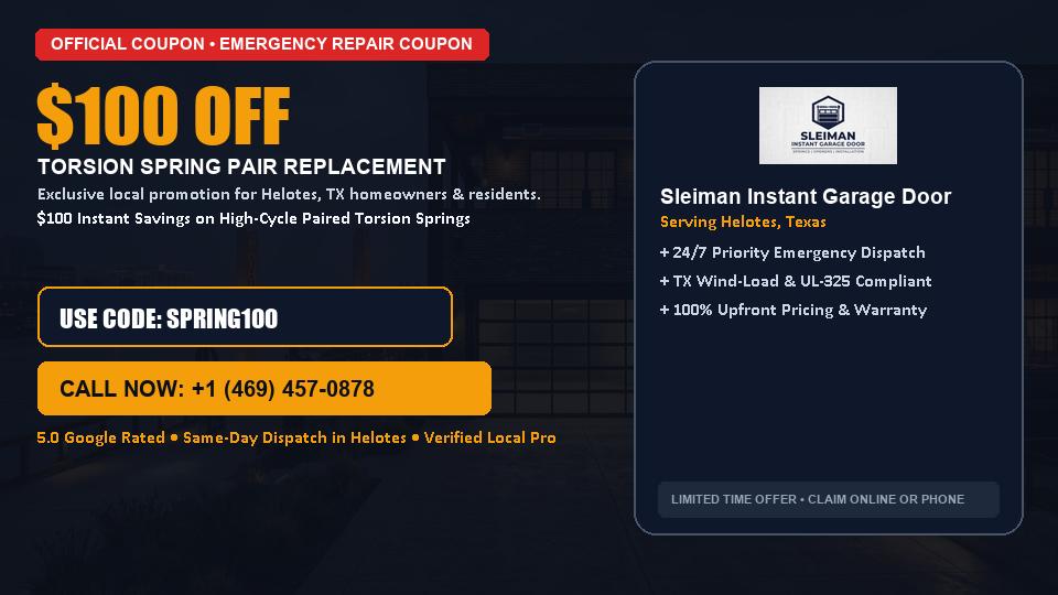$100 OFF Dual High-Cycle Torsion Spring Replacement in Helotes, TX - Sleiman Instant Garage Door